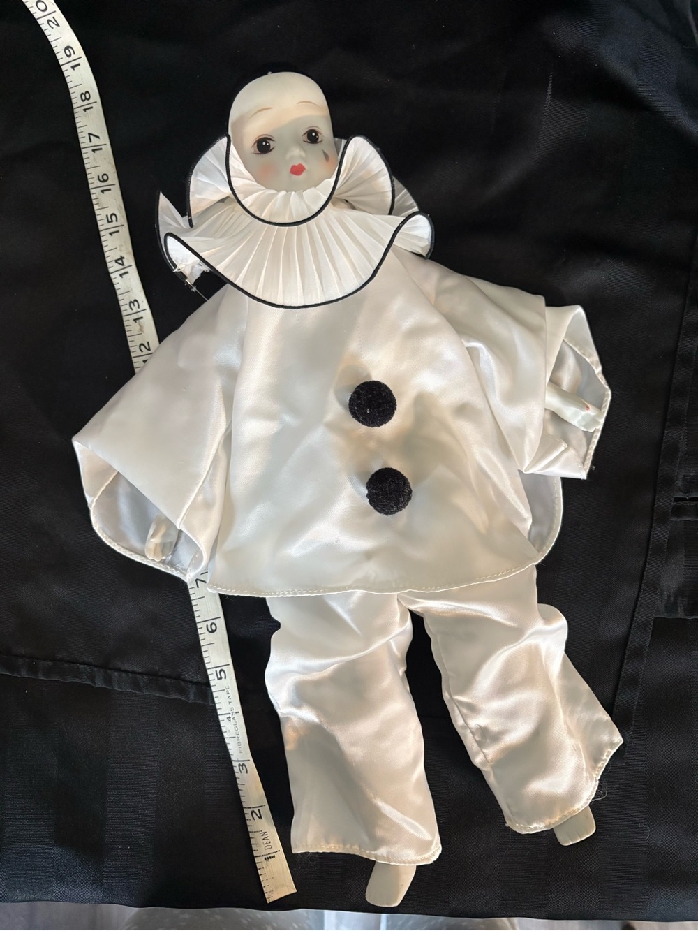 White Satin Pierrot-Style Decorative Clown Doll with Black Accents